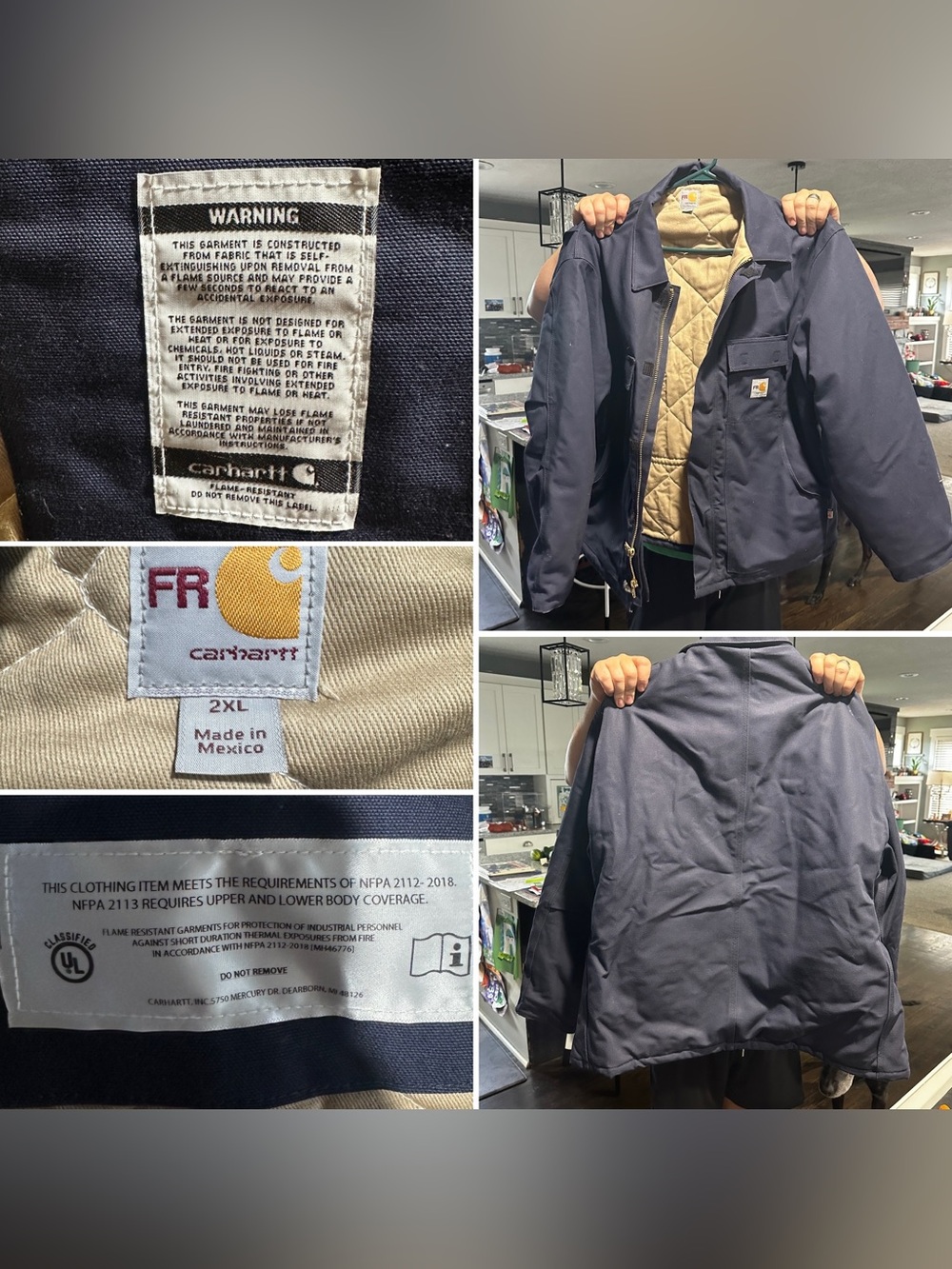 Carhartt Navy Fire Retardant Quilted Work Jacket with Tan Lining